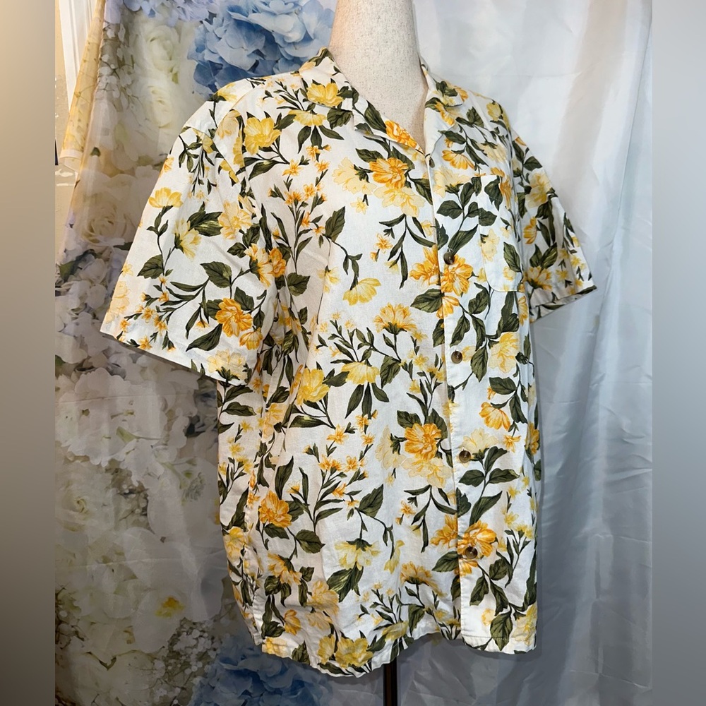 Old Navy yellow Floral Print Women's Shirt Linen Blend